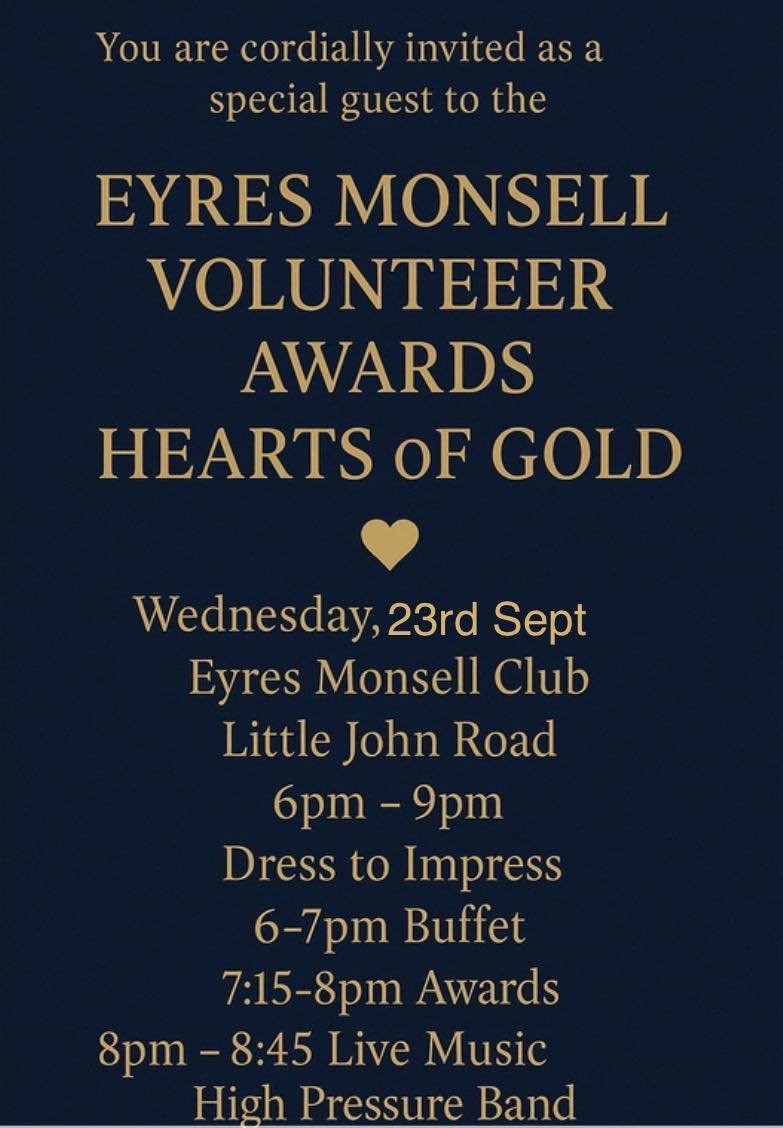 Invitation as a special guest to the Eyres Monsell Volunteer Awards, Hearts of Gold, Wednesday 23 September 2026